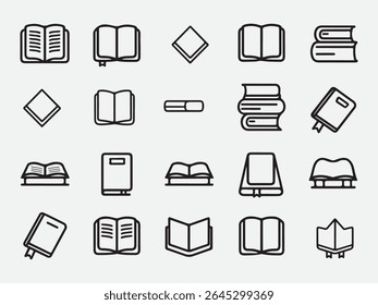 Minimal flat book icons in various positions and orientations on plain white background grid