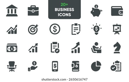 Minimal flat business and finance icon set featuring charts, wallets, money, analytics, and office elements. Perfect for apps and websites.