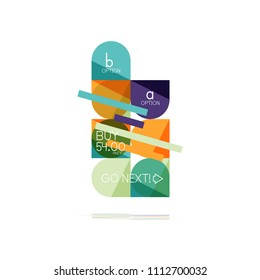 Minimal flat clean abstract option step infographic design element, geometric shapes - round squares, circles and lines layout with sample text, for business or web presentation, app or interface