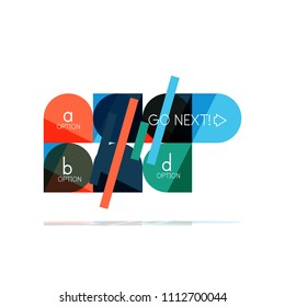 Minimal flat clean abstract option step infographic design element, geometric shapes - round squares, circles and lines layout with sample text, for business or web presentation, app or interface