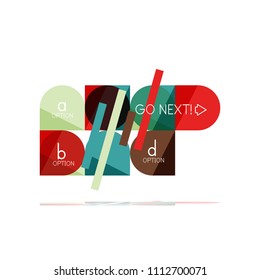 Minimal flat clean abstract option step infographic design element, geometric shapes - round squares, circles and lines layout with sample text, for business or web presentation, app or interface