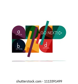 Mínimo diseño gráfico plano limpio y abstracto de opción paso elemento de diseño infográfico, formas geométricas - cuadrados redondos, círculos y diseño de líneas con texto de ejemplo, para presentación empresarial o web, aplicación o interfaz