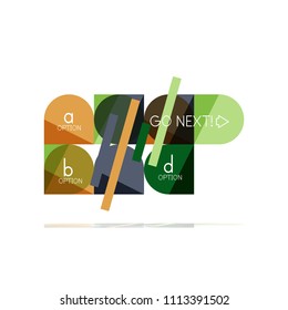 Mínimo diseño gráfico plano limpio y abstracto de opción paso elemento de diseño infográfico, formas geométricas - cuadrados redondos, círculos y diseño de líneas con texto de ejemplo, para presentación empresarial o web, aplicación o interfaz