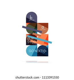 Minimal flat clean abstract option step infographic design element, geometric shapes - round squares, circles and lines layout with sample text, for business or web presentation, app or interface