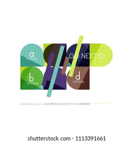 Minimal flat clean abstract option step infographic design element, geometric shapes - round squares, circles and lines layout with sample text, for business or web presentation, app or interface