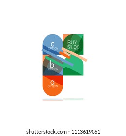 Minimal flat clean abstract option step infographic design element, geometric shapes - round squares, circles and lines layout with sample text, for business or web presentation, app or interface
