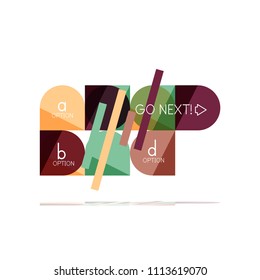Minimal flat clean abstract option step infographic design element, geometric shapes - round squares, circles and lines layout with sample text, for business or web presentation, app or interface