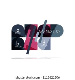 Mínimo diseño gráfico plano limpio y abstracto de opción paso elemento de diseño infográfico, formas geométricas - cuadrados redondos, círculos y diseño de líneas con texto de ejemplo, para presentación empresarial o web, aplicación o interfaz