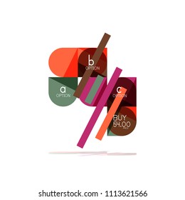 Minimal flat clean abstract option step infographic design element, geometric shapes - round squares, circles and lines layout with sample text, for business or web presentation, app or interface