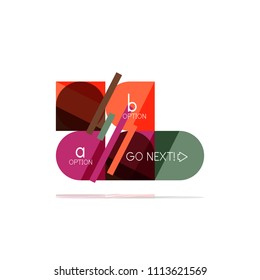 Minimal flat clean abstract option step infographic design element, geometric shapes - round squares, circles and lines layout with sample text, for business or web presentation, app or interface