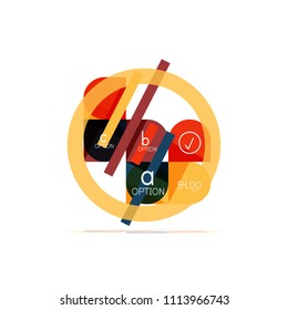 Minimal flat clean abstract option step infographic design element, geometric shapes - round squares, circles and lines layout with sample text, for business or web presentation, app or interface