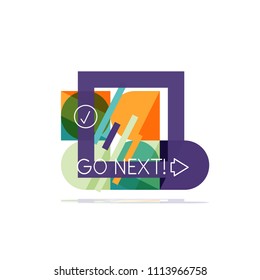 Minimal flat clean abstract option step infographic design element, geometric shapes - round squares, circles and lines layout with sample text, for business or web presentation, app or interface