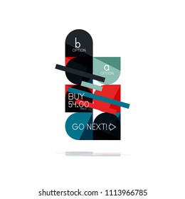 Minimal flat clean abstract option step infographic design element, geometric shapes - round squares, circles and lines layout with sample text, for business or web presentation, app or interface