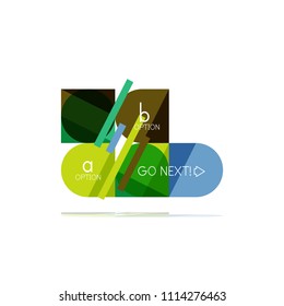 Minimal flat clean abstract option step infographic design element, geometric shapes - round squares, circles and lines layout with sample text, for business or web presentation, app or interface