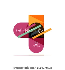 Minimal flat clean abstract option step infographic design element, geometric shapes - round squares, circles and lines layout with sample text, for business or web presentation, app or interface