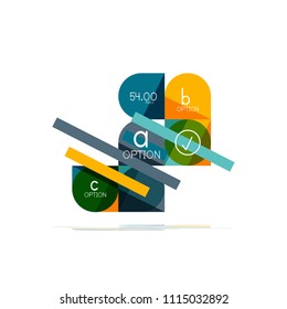 Minimal flat clean abstract option step infographic design element, geometric shapes - round squares, circles and lines layout with sample text, for business or web presentation, app or interface