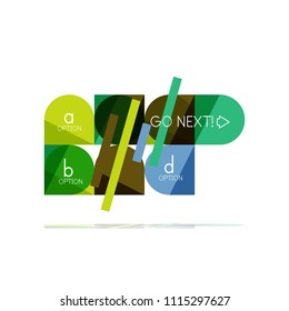 Minimal flat clean abstract option step infographic design element, geometric shapes - round squares, circles and lines layout with sample text, for business or web presentation, app or interface