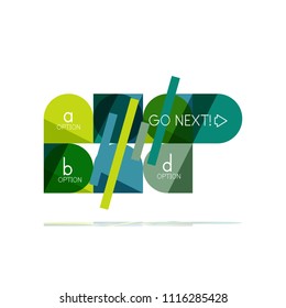 Minimal flat clean abstract option step infographic design element, geometric shapes - round squares, circles and lines layout with sample text, for business or web presentation, app or interface