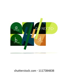Minimal flat clean abstract option step infographic design element, geometric shapes - round squares, circles and lines layout with sample text, for business or web presentation, app or interface
