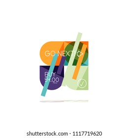 Minimal flat clean abstract option step infographic design element, geometric shapes - round squares, circles and lines layout with sample text, for business or web presentation, app or interface