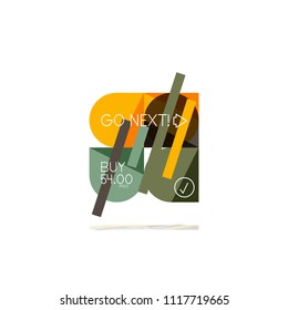 Minimal flat clean abstract option step infographic design element, geometric shapes - round squares, circles and lines layout with sample text, for business or web presentation, app or interface