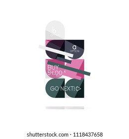 Minimal flat clean abstract option step infographic design element, geometric shapes - round squares, circles and lines layout with sample text, for business or web presentation, app or interface
