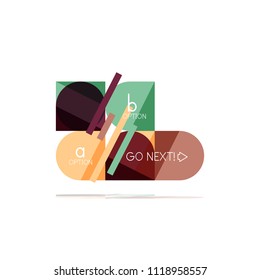 Minimal flat clean abstract option step infographic design element, geometric shapes - round squares, circles and lines layout with sample text, for business or web presentation, app or interface