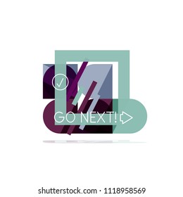 Minimal flat clean abstract option step infographic design element, geometric shapes - round squares, circles and lines layout with sample text, for business or web presentation, app or interface