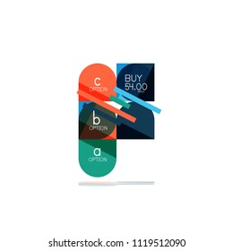 Minimal flat clean abstract option step infographic design element, geometric shapes - round squares, circles and lines layout with sample text, for business or web presentation, app or interface