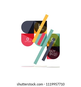 Minimal flat clean abstract option step infographic design element, geometric shapes - round squares, circles and lines layout with sample text, for business or web presentation, app or interface
