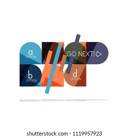 Minimal flat clean abstract option step infographic design element, geometric shapes - round squares, circles and lines layout with sample text, for business or web presentation, app or interface