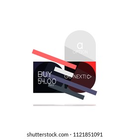 Minimal flat clean abstract option step infographic design element, geometric shapes - round squares, circles and lines layout with sample text, for business or web presentation, app or interface