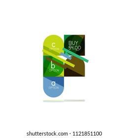 Minimal flat clean abstract option step infographic design element, geometric shapes - round squares, circles and lines layout with sample text, for business or web presentation, app or interface