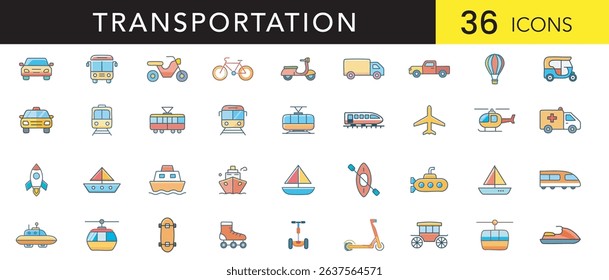 Minimal Flat Color Transportation Icon Set – Vehicles, Travel, and Transport Symbols
