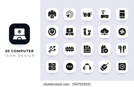 Minimal flat computer icon pack. In this pack incorporate with twenty different computer icon.