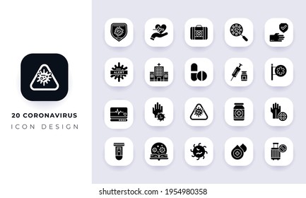 Paquete mínimo de iconos de coronavirus plano. En este paquete se incorpora con veinte íconos diferentes del coronavirus.