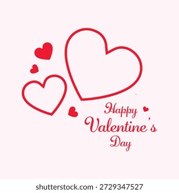Minimal flat Valentine’s Day greeting card design featuring red heart outlines and cute small hearts on a soft pink background with stylish typography. Perfect for romantic greeting cards, love posters, invitations, social media posts, and Valentine templates.
