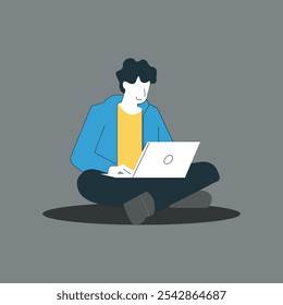 Minimal Flat Design of Man Using Laptop for Online Work.