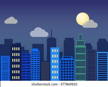 Minimal flat design modern vector illustration. Set of urban landscape, buildings and city life. Skylines in the nighttime. Real estate background concept icon template for web or print  