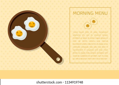 Minimal flat design morning menu with couple egg in  shape on the pan  on yellow background Vector illustration.