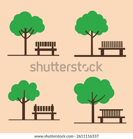 Minimal flat design of park trees and benches ideal for outdoor themes nature backgrounds and landscape scenes