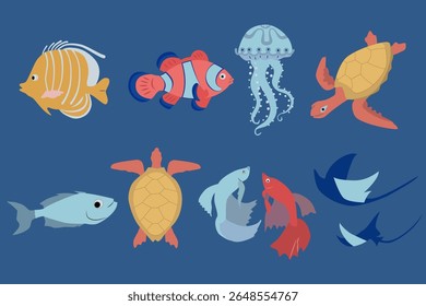 Minimal flat design set: vibrant fish, graceful jellyfish, sea turtles, and gliding rays on serene blue background. Clean vector illustrations.
