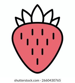 Design plano mínimo ilustração vetor de morango e sementes pretas. Perfeito para adesivos, ícones de alimentos, impressões infantis, embalagens e projetos de design digital.