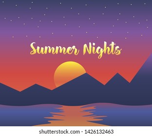 Minimal Flat Design Of Summer Night For Post Card And Background