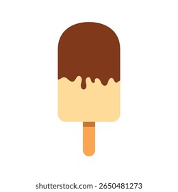 Minimal flat design of a vanilla ice cream bar dipped in chocolate on a wooden stick. Perfect for dessert menus, summer promotions, food packaging, and digital or print graphics.