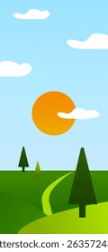 Minimal flat design vector of a bright, sunny landscape with rolling green hills, pine trees, curved walking path, fluffy white clouds, and a vivid orange sun in a clear blue sky. Perfect for nature t