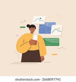 Minimal flat design vector female character using mobile phone for photo editing