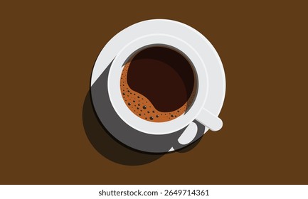 Minimal Flat Design Vector Illustration of a Hot Fresh Coffee Cup with White Saucer and Delicious Espresso Foam Seen from Top View on Brown Background
