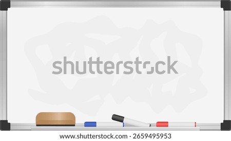 Minimal flat design of a whiteboard with red, blue, and black markers plus eraser. Great for use as an office or learning background element.