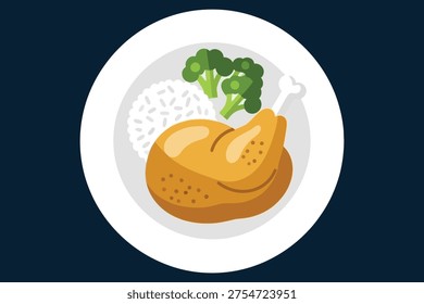 Minimal Flat Food Icon Illustration of Roasted Chicken Leg with Rice and Broccoli on Plate, Modern Clean Design on White Background